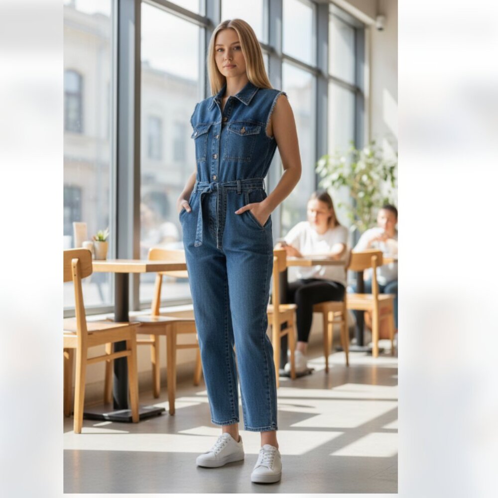 NWT Blank NYC Women’s Distressed Cropped Denim Belted Jumpsuit Medium